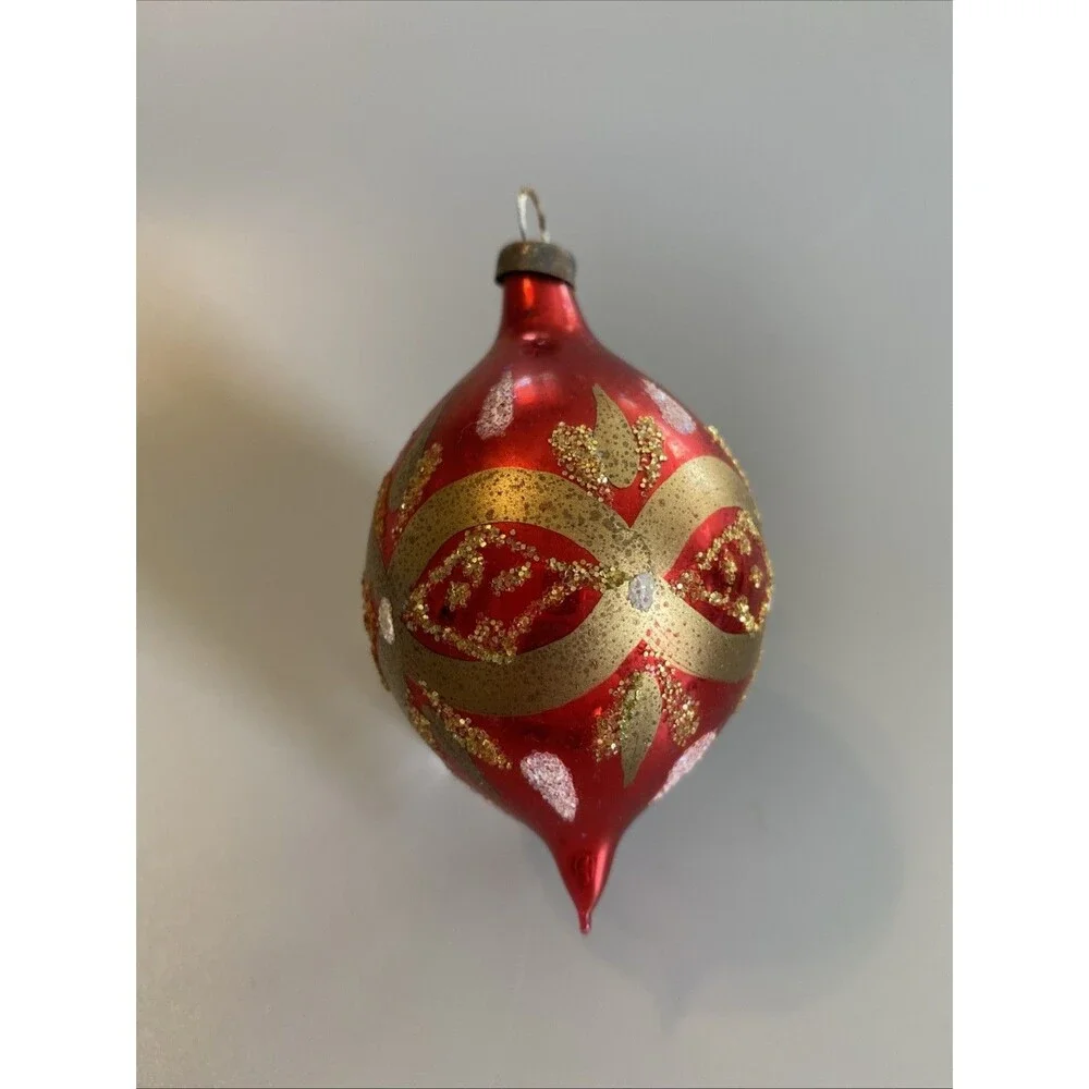 Vintage Christmas Red Gold Glass Teardrop Ornament Hand Painted Glitter Holiday